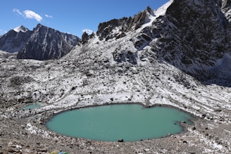 blue lake in the middle of rocky mountains