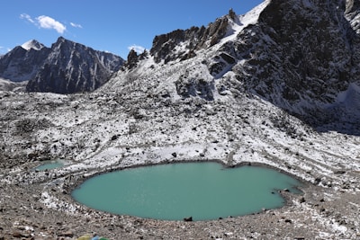 blue lake in the middle of rocky mountains