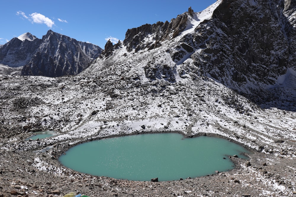 blue lake in the middle of rocky mountains