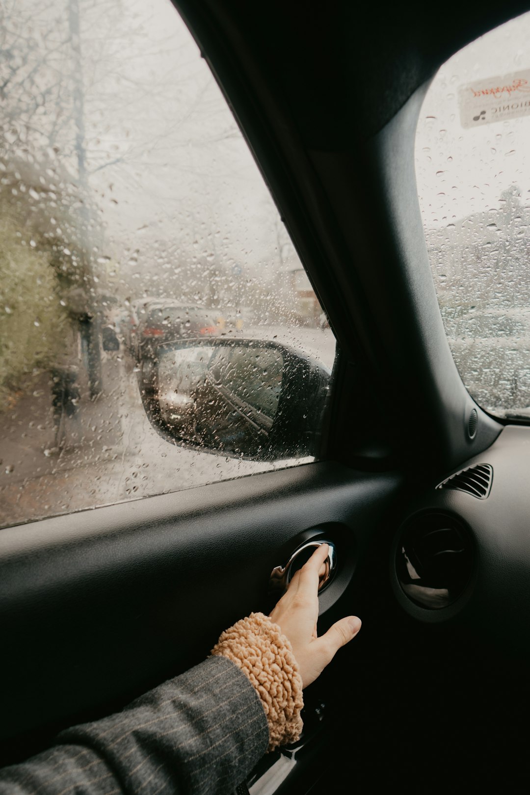 person in brown fur jacket sitting inside car