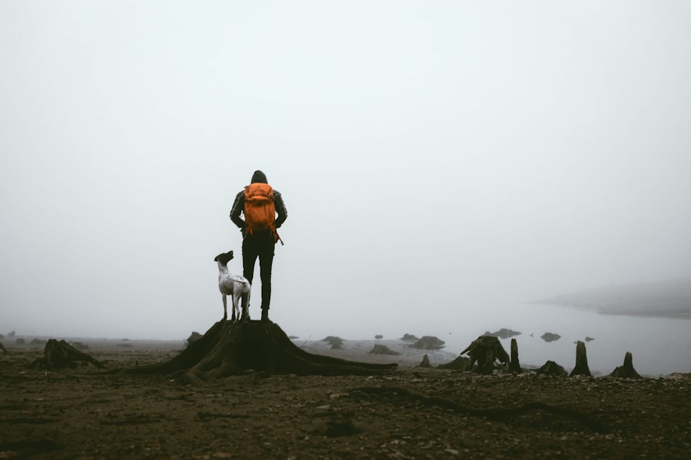 Homme en veste marron et pantalon blanc debout sur un champ brun avec un chien blanc pendant la journée