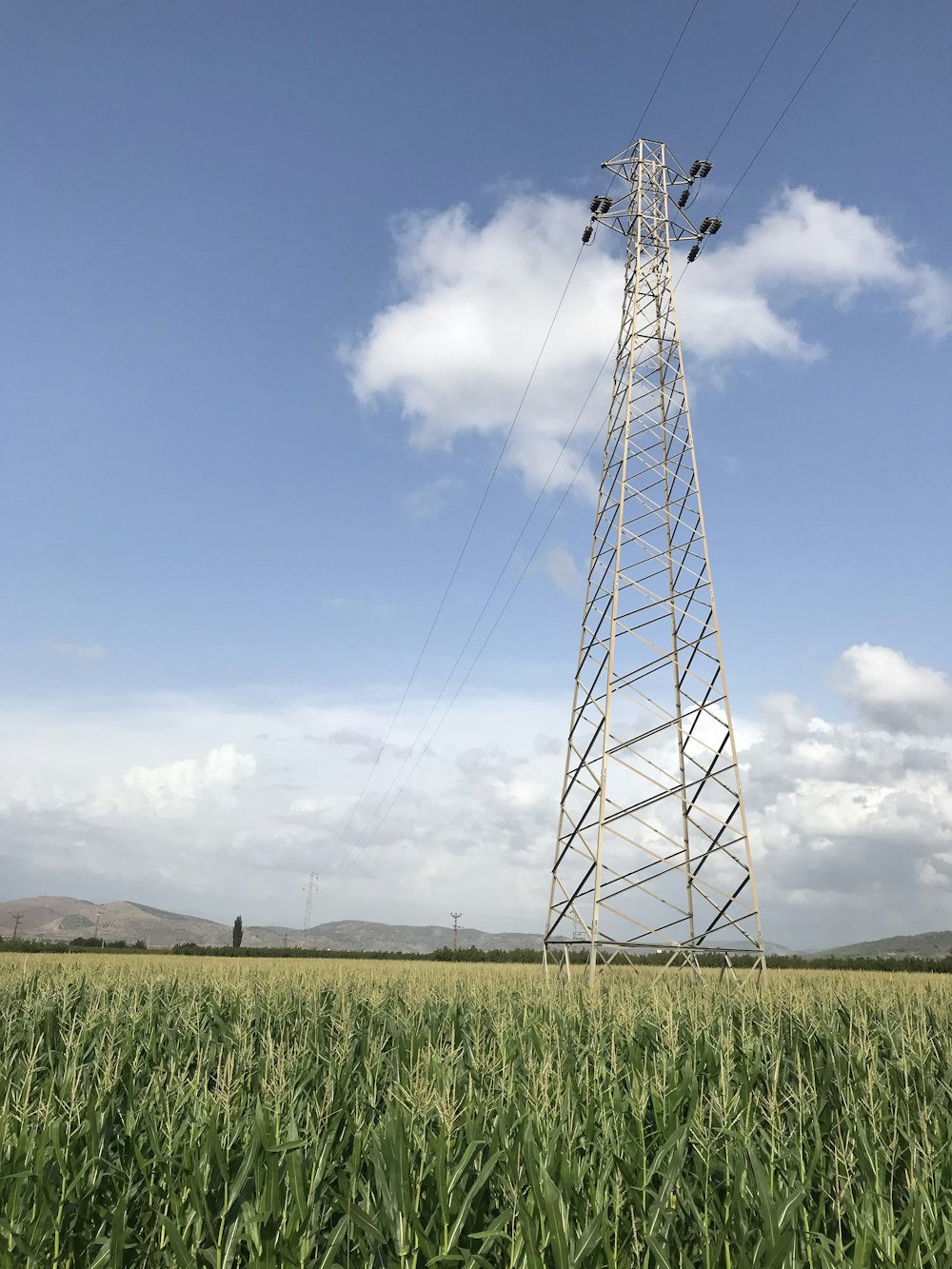 torre elétrica de aço cinzento no campo de grama verde sob o céu azul durante o dia