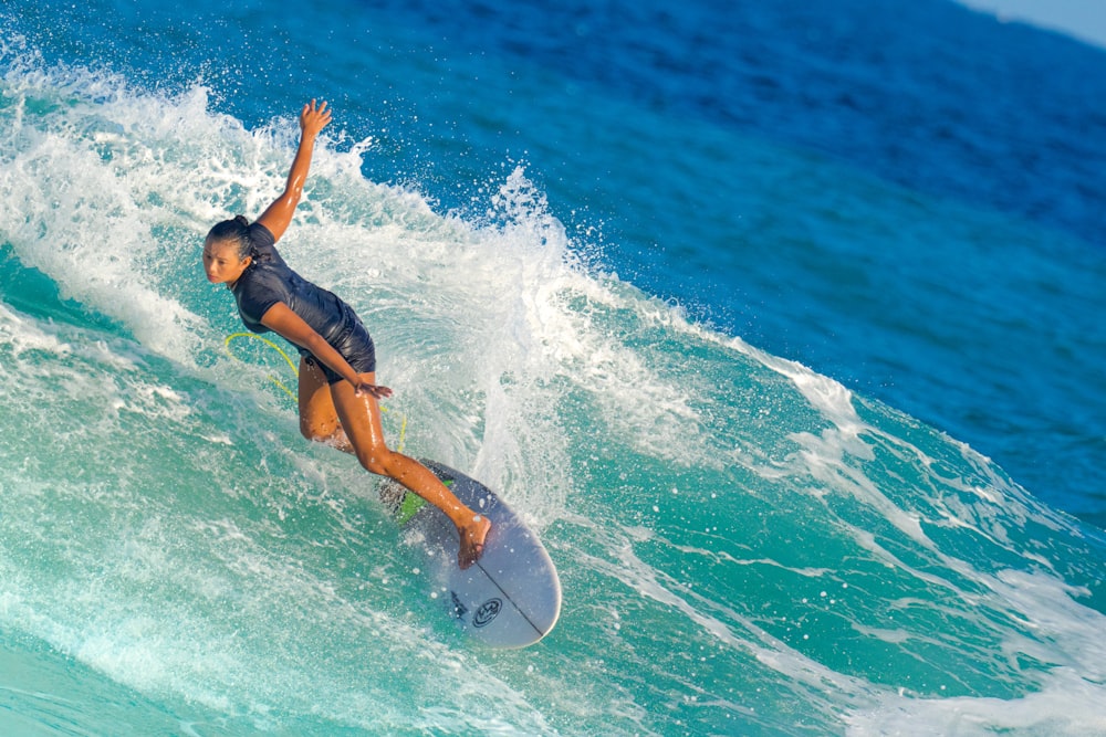 hombre en shorts azules surfeando en el mar durante el día