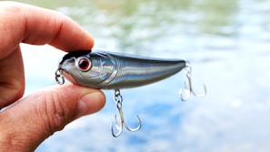 A hand holding a shiny fishing lure with red eyes and two treble hooks. The background shows a blurred view of water, suggesting an outdoor setting.