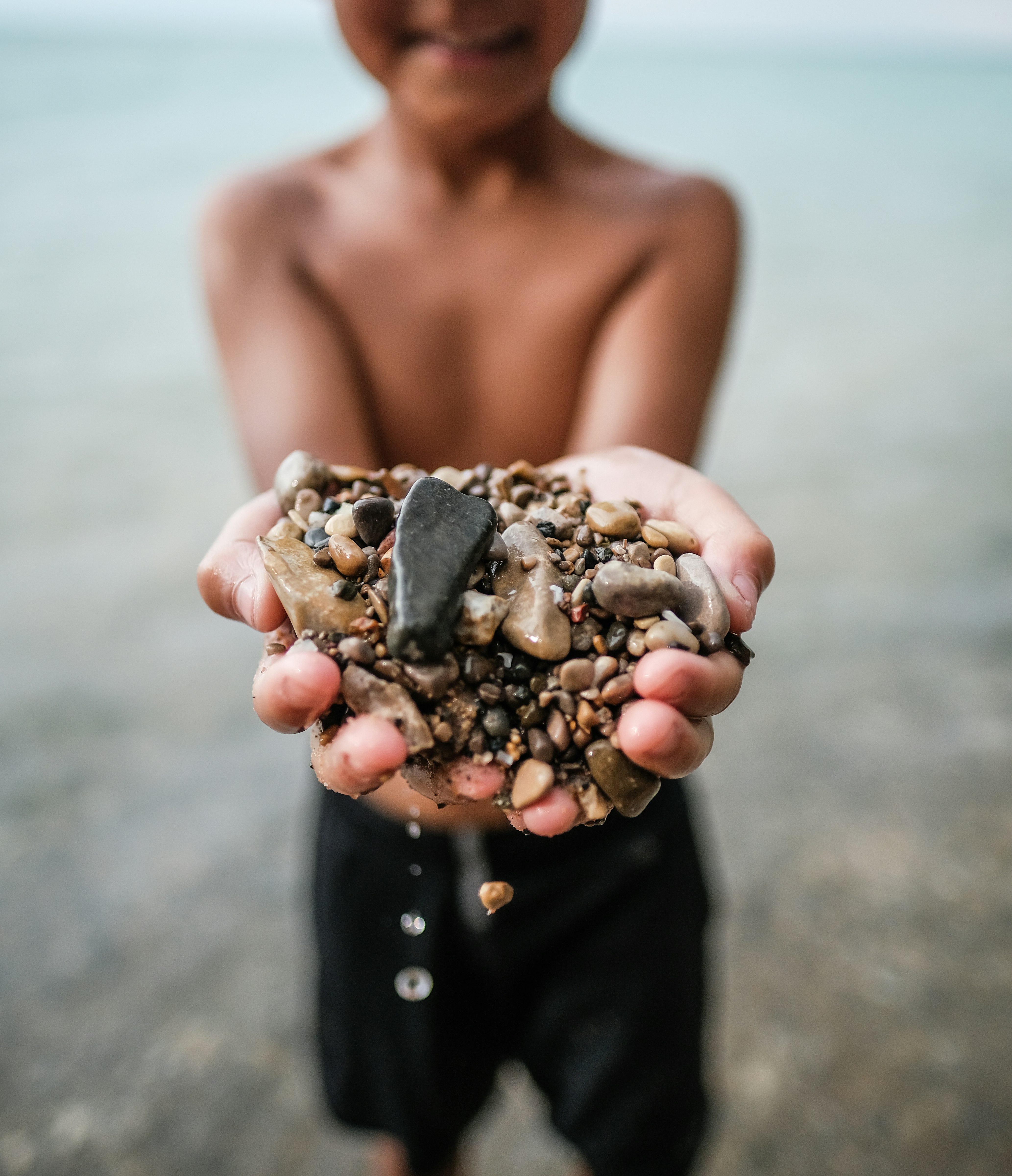 person holding black and white stones