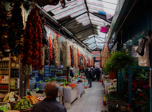 A colorful market aisle showing sections for groceries, pet food, pharmacy items, wines, and hardware tools.