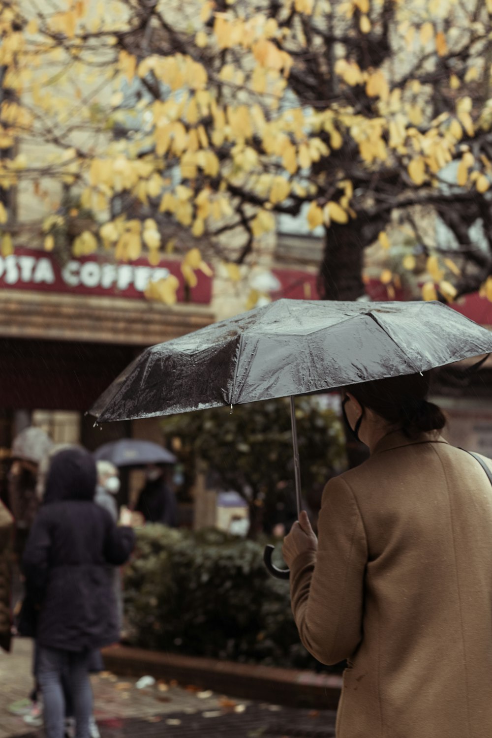 personne en manteau brun tenant un parapluie marchant sur le trottoir pendant la journée