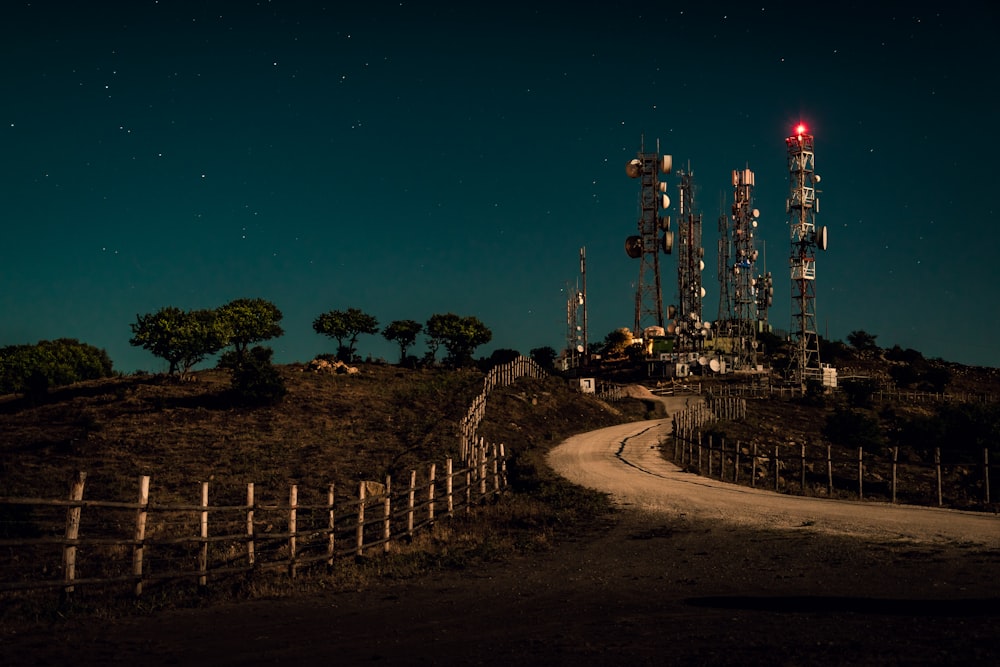 lighted towers during night time