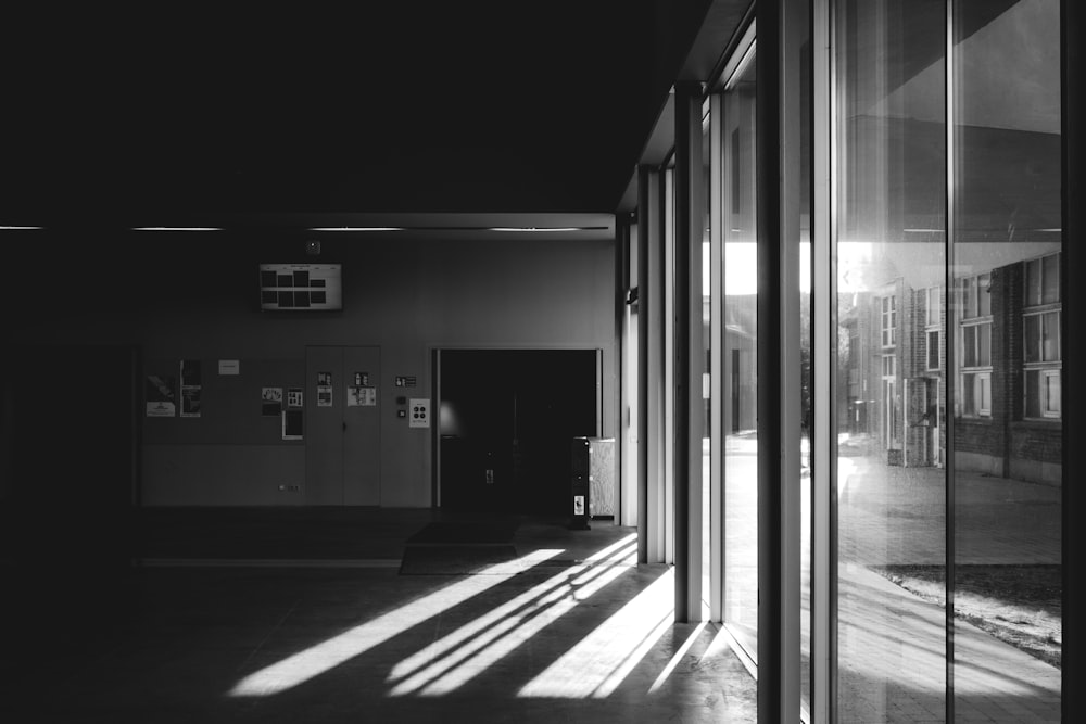 grayscale photo of train station