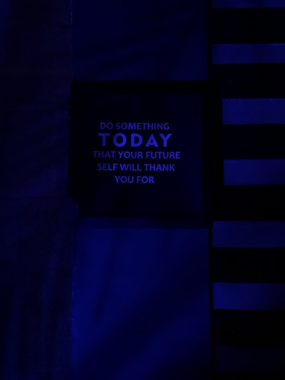 A dark, minimalist image with a motivational message in the center panel. The background features horizontal and vertical lines in various shades of blue, creating a modern and abstract design. The message reads: 'Do something today that your future self will thank you for' in uppercase letters.