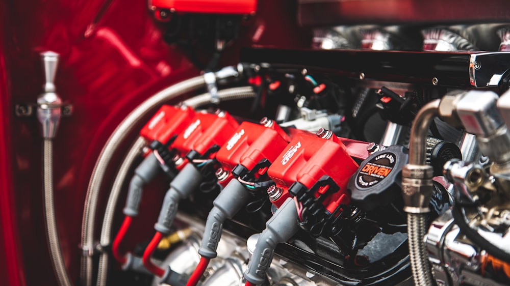 red and black car engine
