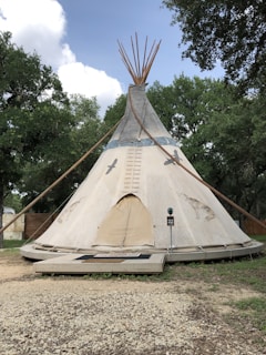 A large tipi stands in a natural setting surrounded by trees. The canvas structure features a decorative design with silhouettes of birds and a ladder-like graphic element running vertically. The tipi is supported by long wooden poles and there's a wooden platform leading to its entrance.