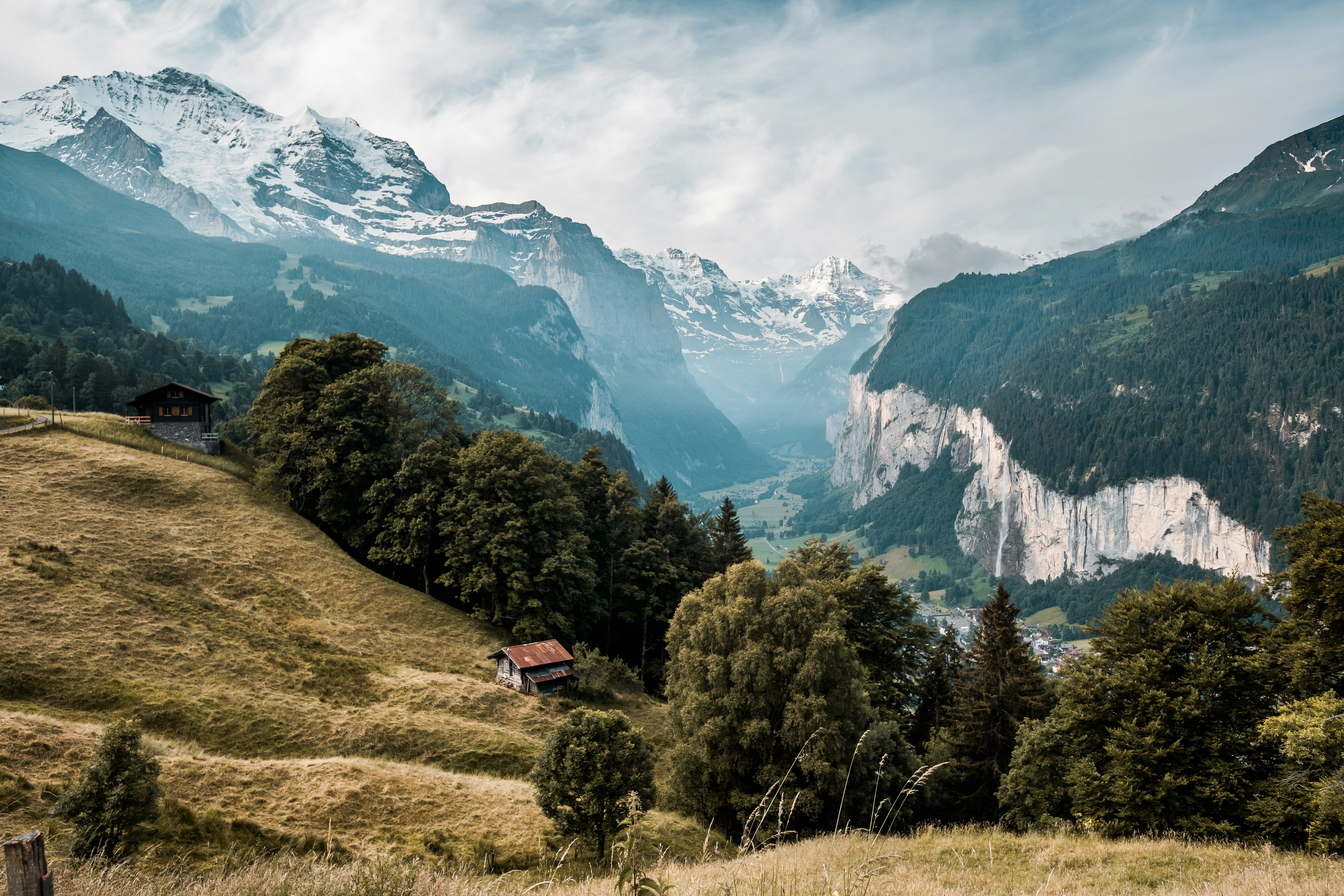 green trees on green grass field near mountain under white clouds during daytime