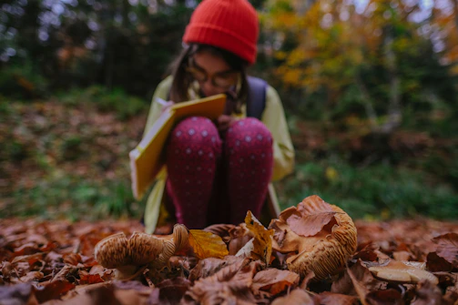 A candid moment of someone journaling outdoors surrounded by autumn leaves.