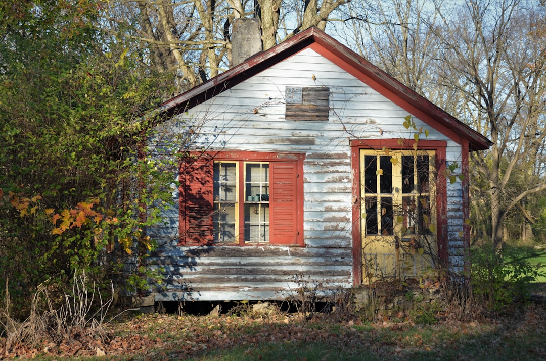 brown wooden house surrounded by trees, Old two tone house with 2 doors