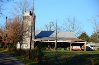 A farm scene featuring a rustic barn with a metal roof and an adjacent silo. The background includes bare winter trees and a clear blue sky. Various farming equipment and machinery can be seen under the open section of the barn. The setting suggests a rural environment with a mix of natural elements and agricultural structures.