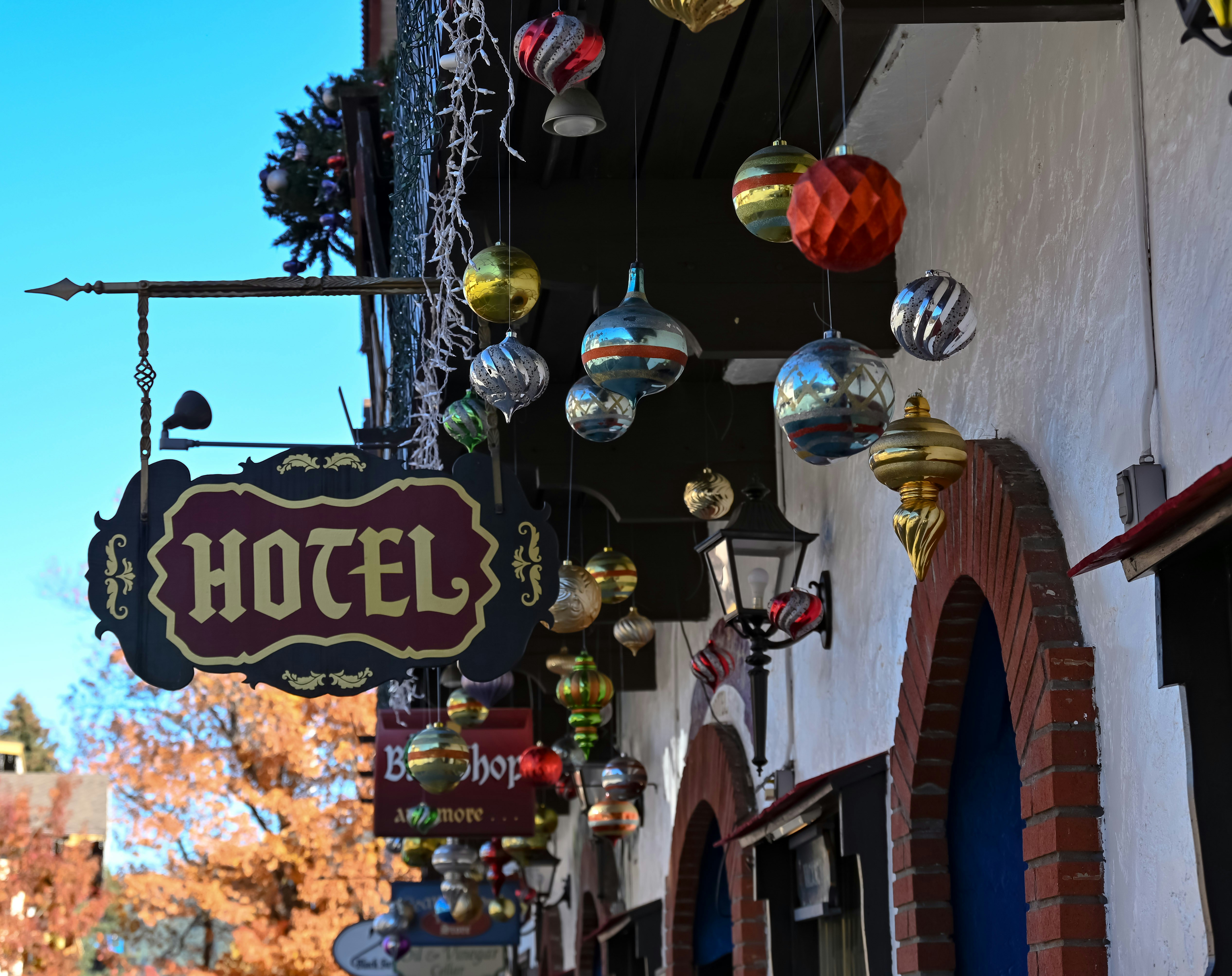 blue red and yellow hanging lanterns