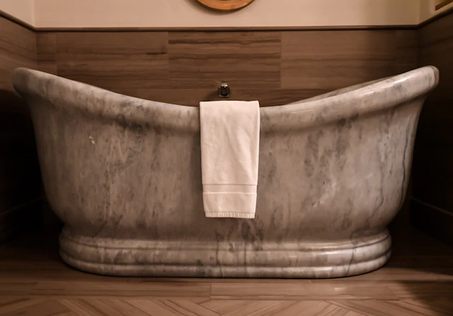 Freestanding bathtub carved from grey-veined marble