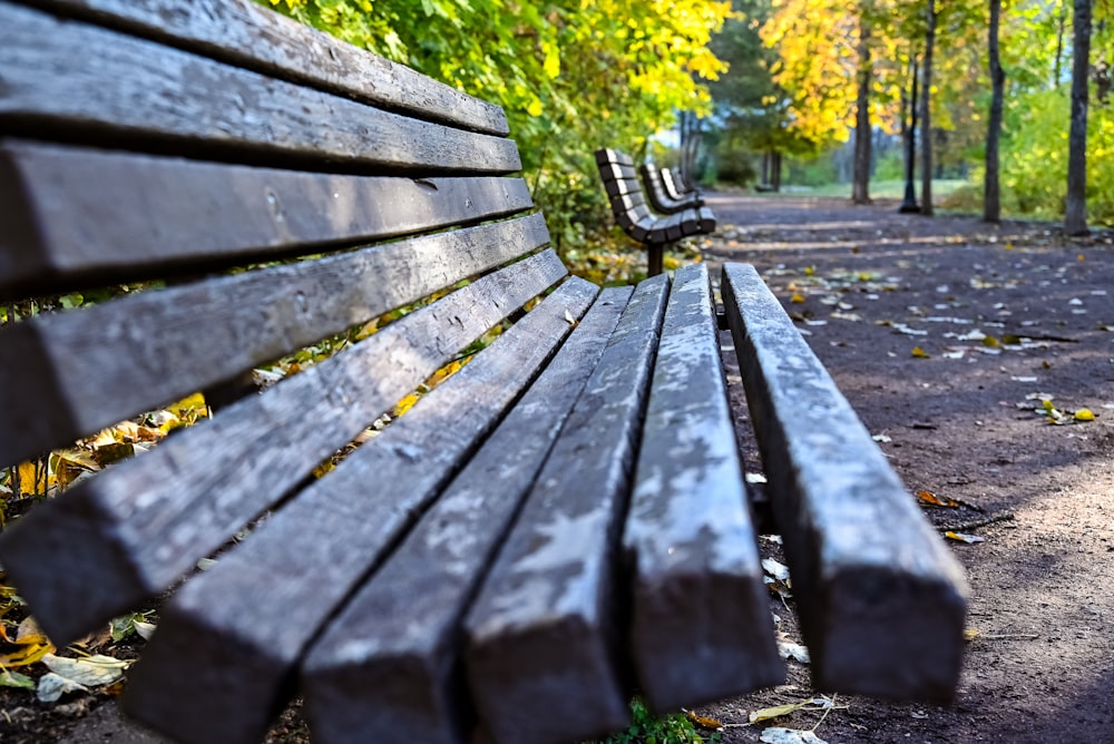 brown wooden bench near green grass during daytime