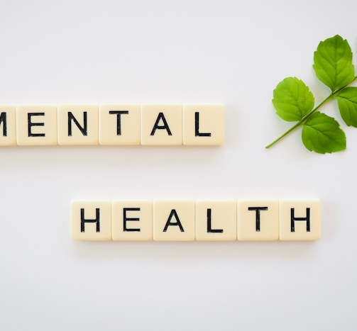 the word mental health spelled with scrabbles next to a green leaf