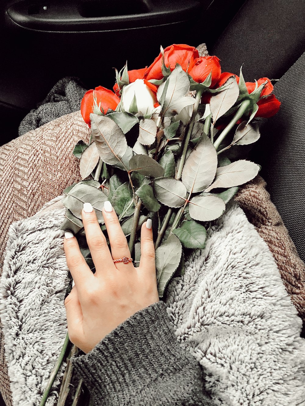 person holding red rose bouquet