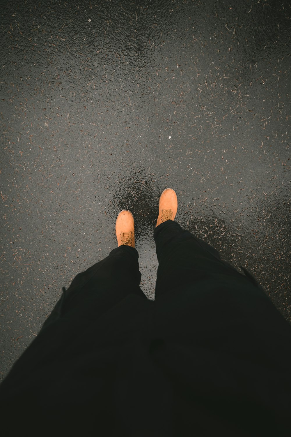 person in black pants and brown shoes