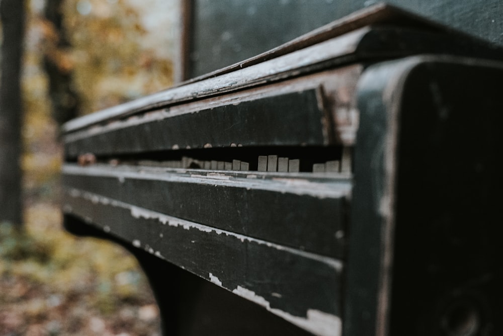 black wooden bench near brown leaves during daytime