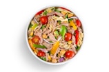A bowl filled with a colorful mixture of cooked pasta, chunks of tuna, cherry tomatoes, sliced red onions, yellow and green bell peppers, corn, and chickpeas. The ingredients are vibrant and fresh, creating a visually appealing dish.