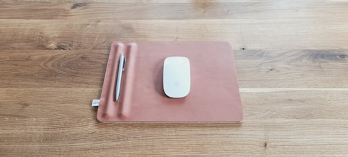 A sleek mouse is placed on a brown rectangular mat which has a slot for holding a silver pen. The mat rests on a wooden surface with a visible grain pattern.