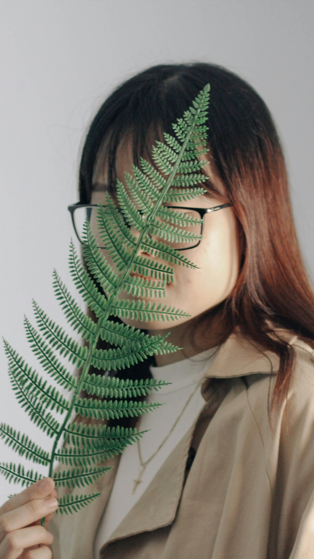 woman in white collared shirt holding green plant