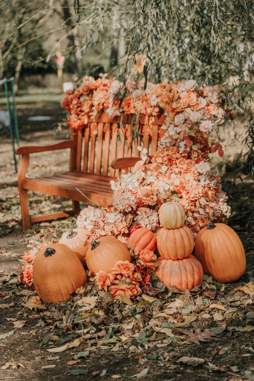 pumpkins on ground near wooden chair