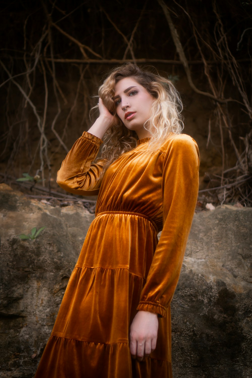 woman in brown long sleeve dress