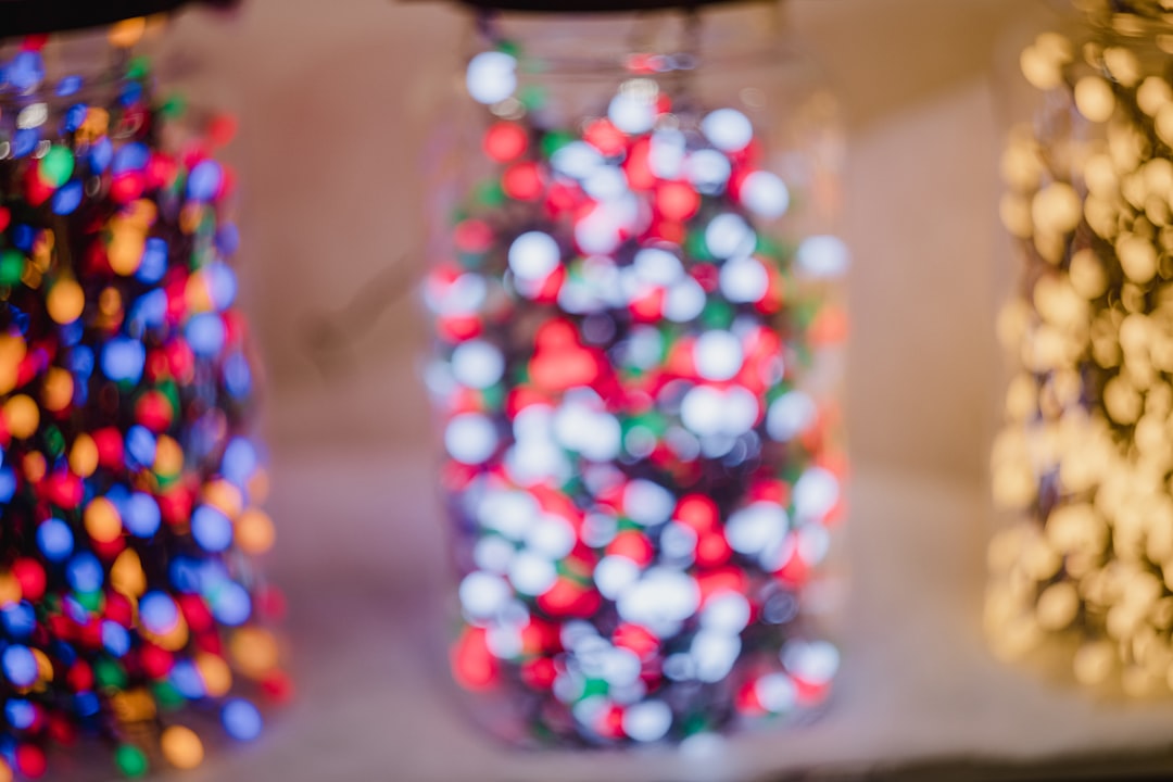 white red and blue beads in clear glass jar