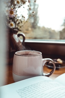 A peaceful outdoor scene with a blanket, book, and a steaming mug beside a window.