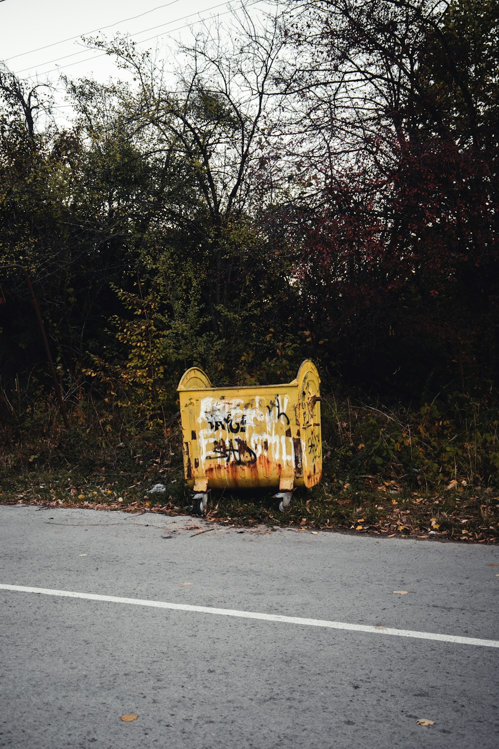 yellow and black trash bin on gray asphalt road