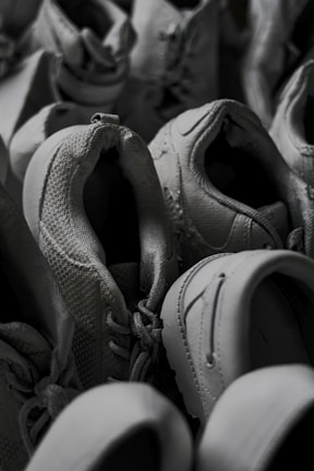 A close-up of high-quality running shoes arranged neatly.
