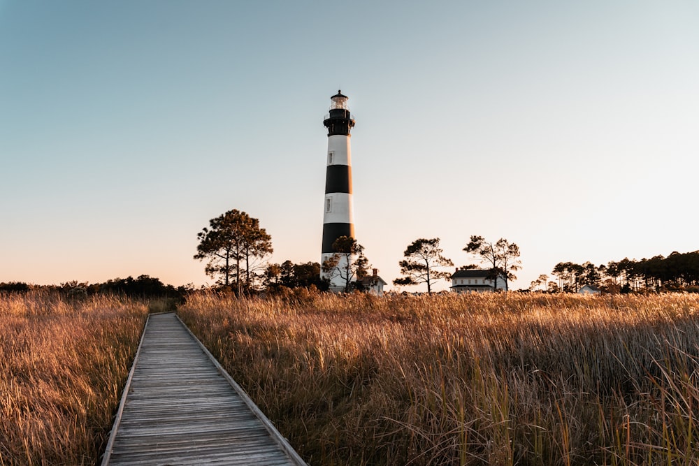 white and black lighthouse near green grass field during daytime