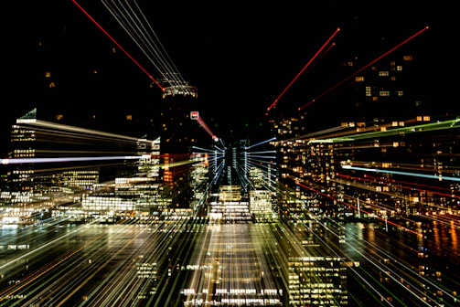 A vibrant city skyline with digital network lines overlay