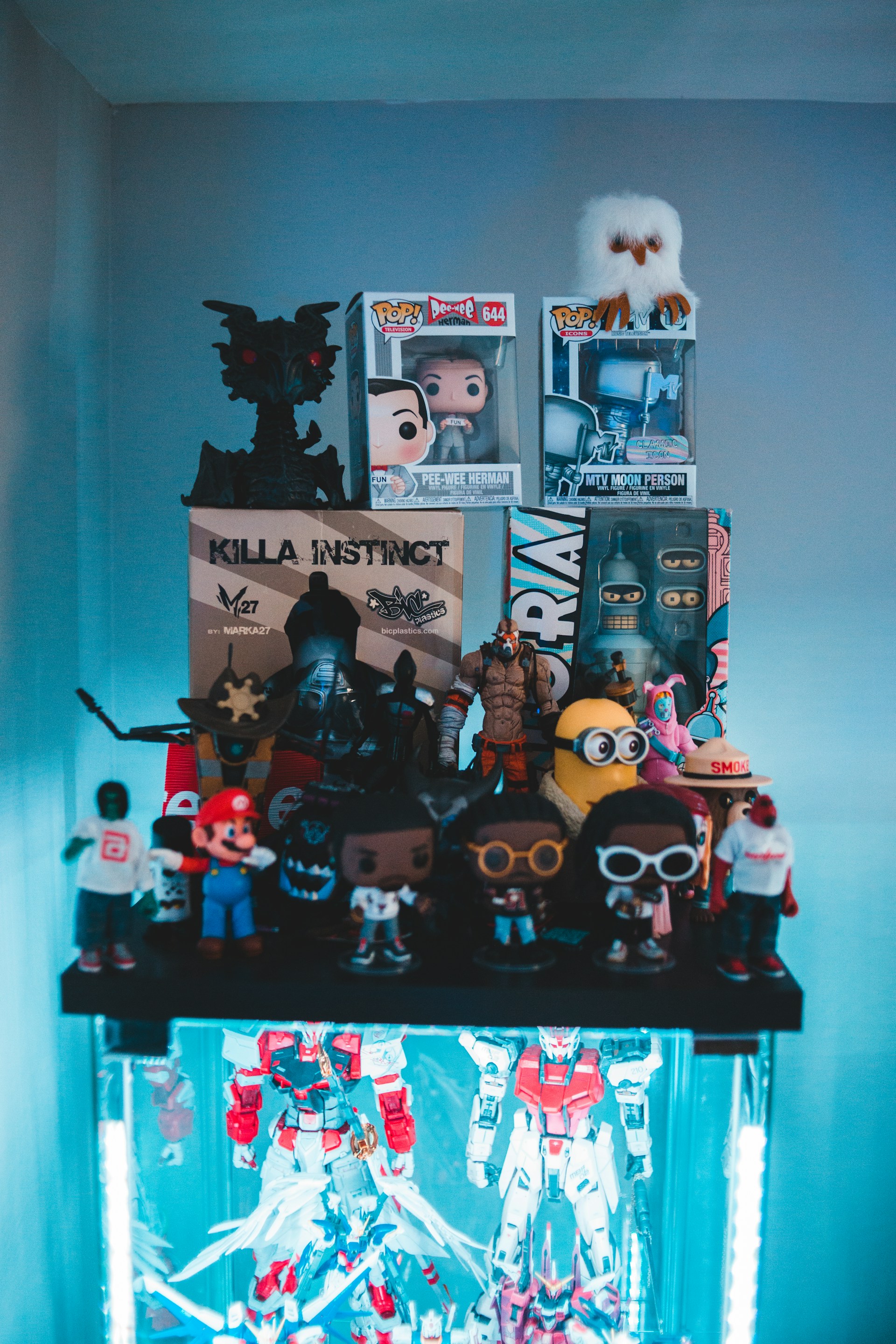 lego toys on black wooden shelf