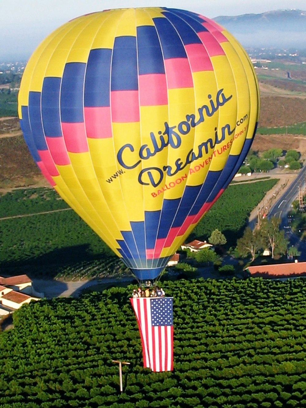 yellow blue and red hot air balloon