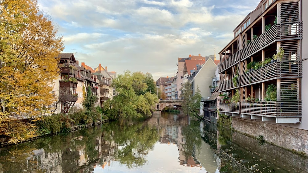 brown and white concrete buildings beside river under white clouds during daytime