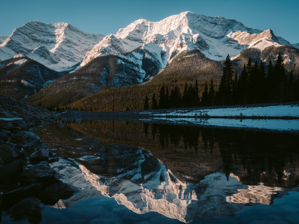 snow covered mountain near green trees and lake during daytime