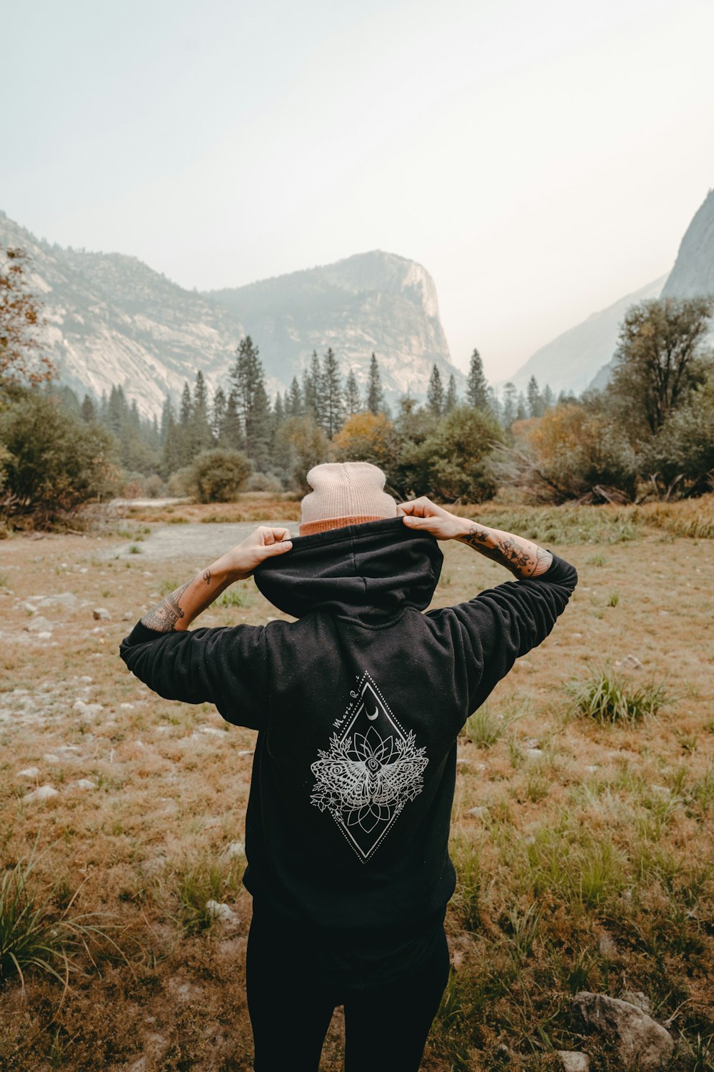 a person standing in a field with mountains in the background