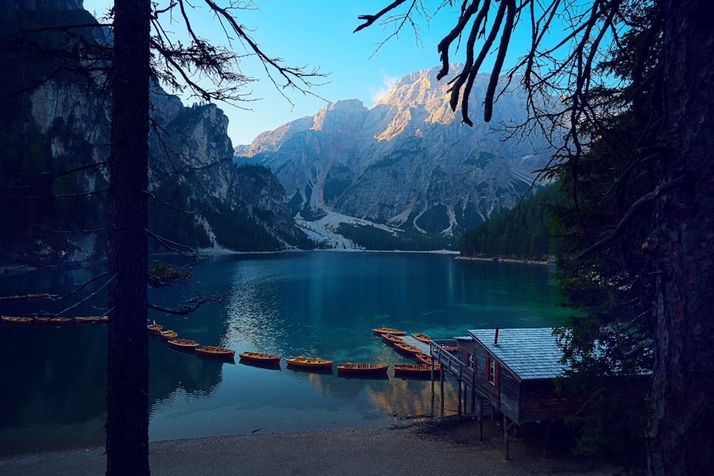 brown wooden dock on lake near mountain during daytime