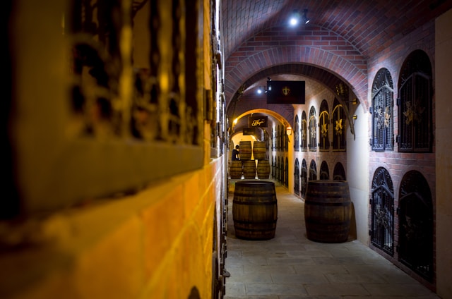 A dimly lit wine cellar with brick archways and metal gates lining the walls. Several large wooden barrels are positioned along the stone floor, creating a rustic atmosphere.