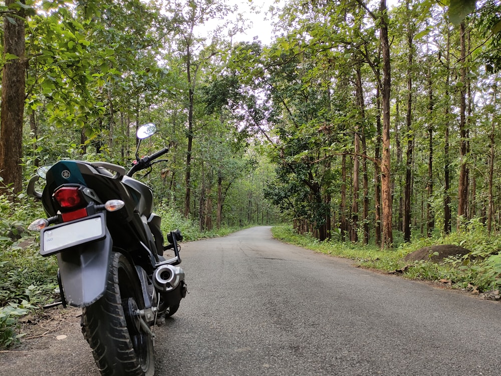 昼間、木々の間の道路を走る黒いバイク