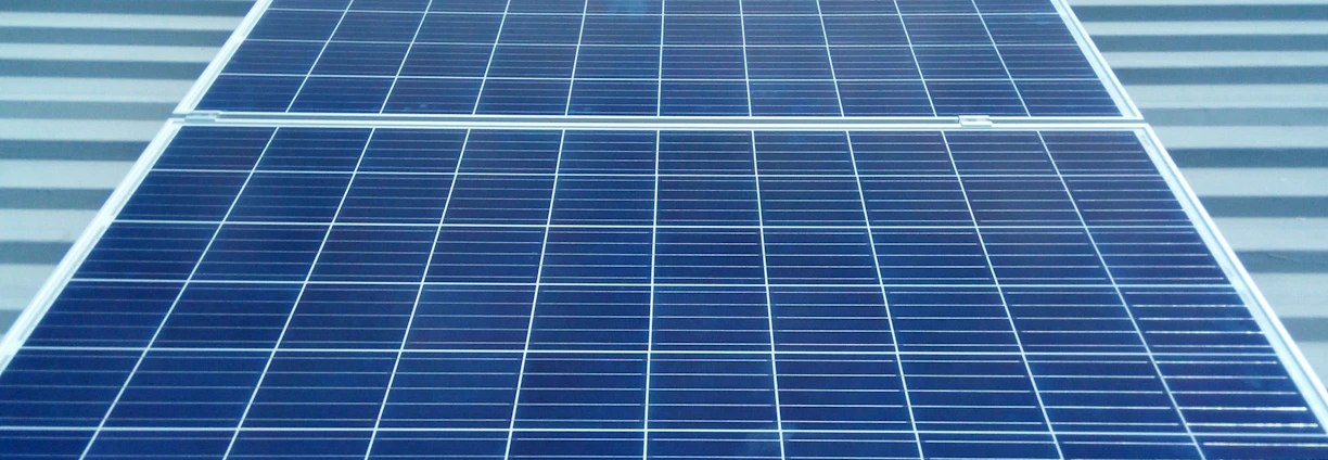 Technician installing a solar panel on a sunny rooftop with green trees in the background.