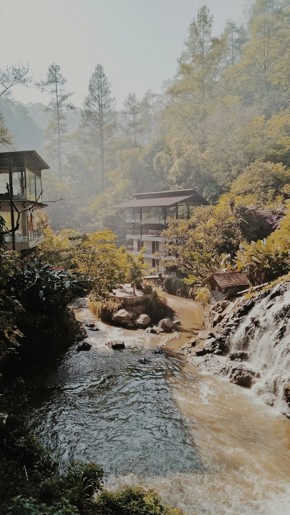 brown and white house near river