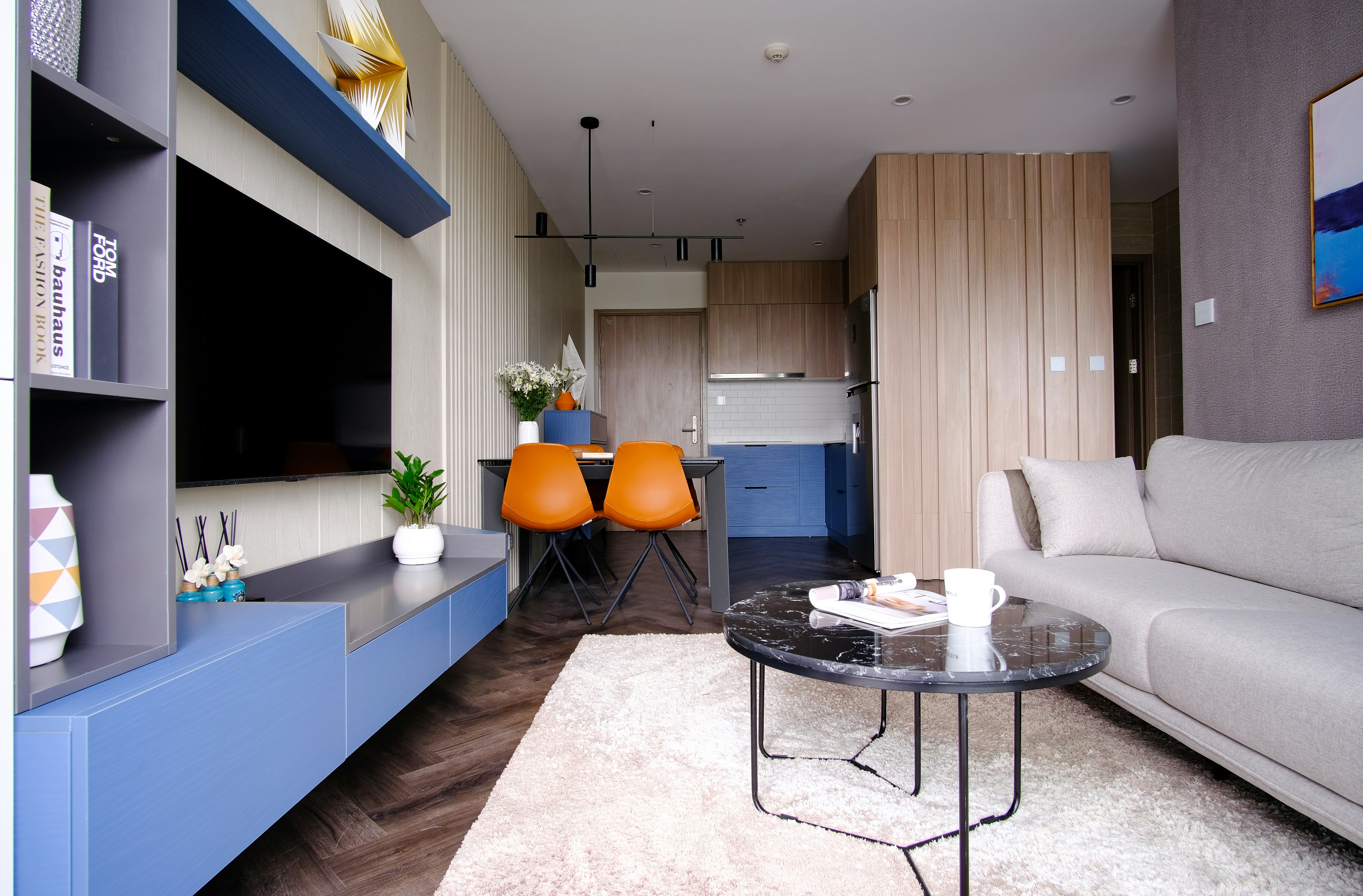 white and blue living room