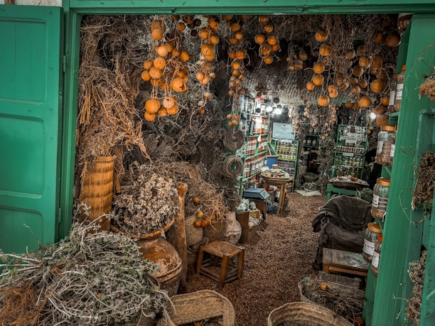 An interior space filled with a variety of dried herbs and gourds hanging from the ceiling. Shelves are stocked with jars and bottles, possibly containing spices, teas, or herbal mixtures. The ground is covered with what appears to be mulch or dried material. The lighting is warm and inviting, casting an earthy and natural ambiance.